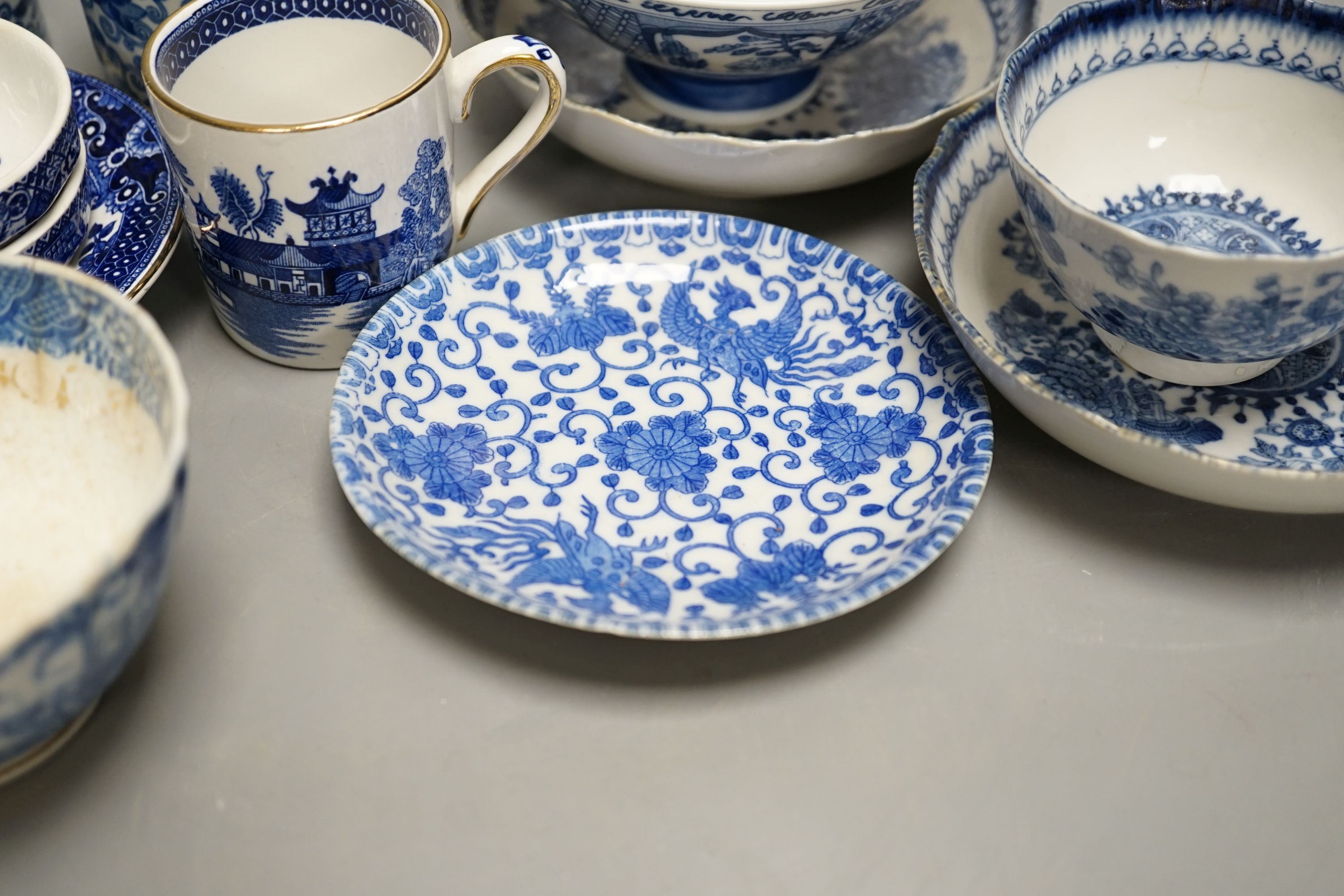 Mixed blue and white tableware including Burleigh ware, Wood’s and other 19th century blue and white china